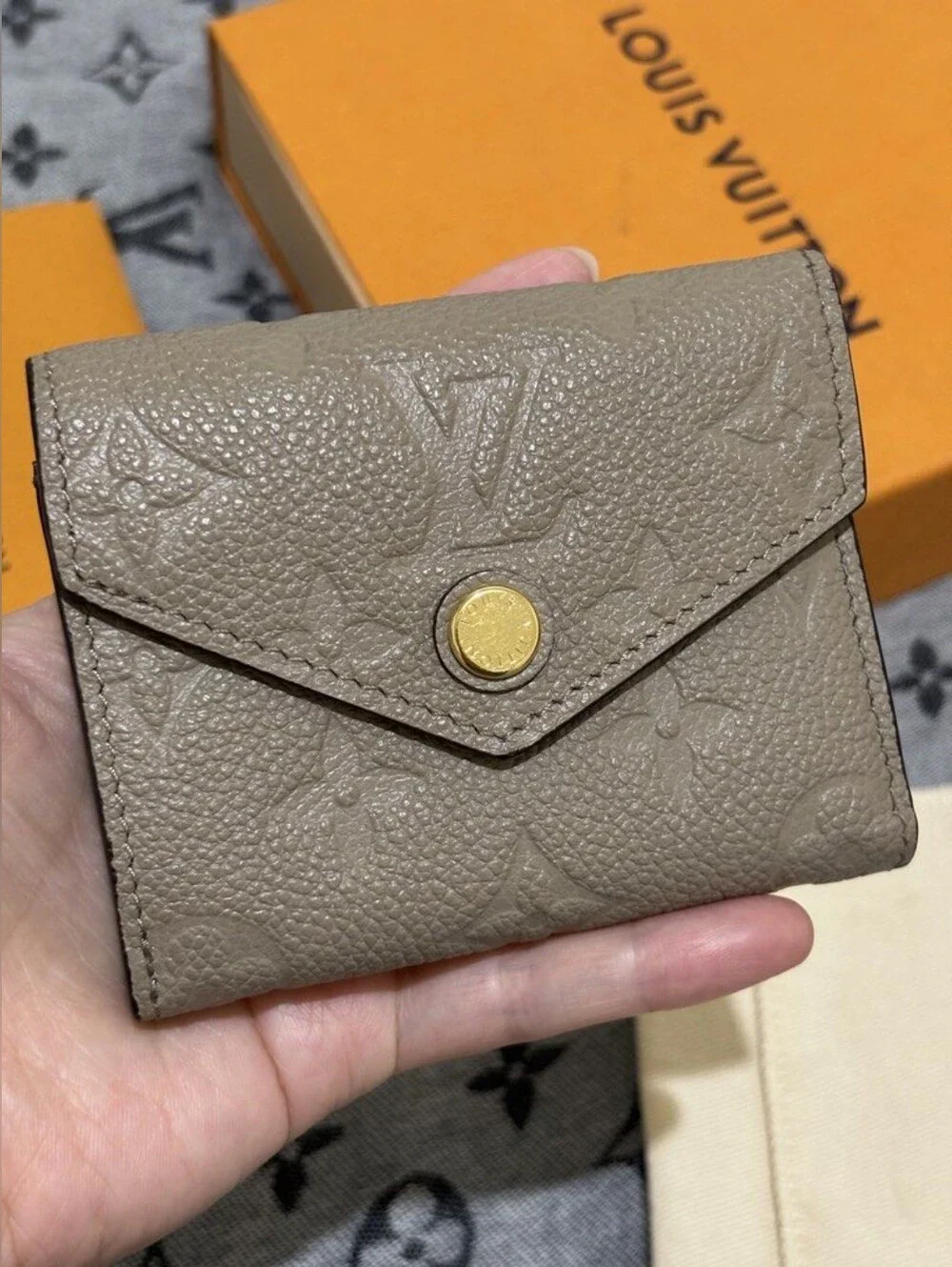 Louis Vuitton Taupe Embossed Monogram Compact Wallet with Gold Snap Button